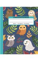 Composition Notebook: Owl Bird Animals Exercise Book Journal, Back To School Gifts For Teens Girls Boys Kids Friends Students 8x10" 110 Pages