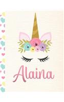 Alaina: Personalized Unicorn Primary Handwriting Notebook For Girls With Pink Name - Dotted Midline Handwriting Practice Paper - Kindergarten to Early Child