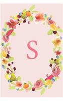 S: Soft Floral Wreath Monogram Sketchbook - 110 Sketchbook Pages (6 x 9) - Floral Watercolor Monogram Sketch Notebook - Personalized Initial Letter Jou