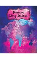 Primary Story Journal: Watercolor Pink Blue World Map Blank Creative Story Book