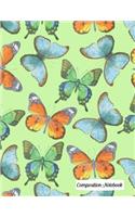 Composition Notebook: Blue Green and Orange Butterflies on Green Composition Notebook - 8.5in X 11in - 150 Pages (75 Sheets) College Ruled Lined Paper. Glossy Cover