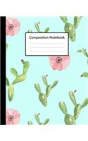 Composition Notebook: Cute Cactus Watercolor Sky Blue Colour Pattern, 110 Pages 7.5"x9.25" College Wide Ruled Paper Notebook Journal, Blank Lined Workbook for Teens Kids 