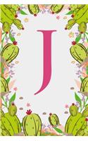 J: Letter J Monogram Initials Green Floral Cactus Notebook & Journal