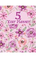 Five Year Planner 2020-2024: Purple Floral 60 Months Calendar I 5 Years Appointments, Life Goals, Organizer & Log Book I Business Plans I Monthly Agenda & Schedule I Motivationa