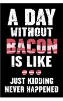 A Day Without Bacon Is Like... Just Kidding Never Happened: Funny Blank Lined Journal and Notebook To Write In Bacon Lovers(1 Day Without Bacon - Humor)