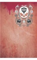 Gothic Notizbuch Weißer Totenschädel mit Kringeln auf blutigem Notizbuch obere Ecke: Gothic Notizbuch mit Blutfleck und Totenkopf