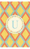 U: Geometric Pattern Seamless Diamond Background Journal, Monogram Initial Letter U Lined Paper