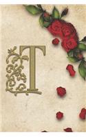 T: Red Rose With Rustic Yellow Background Golden Monogram Initial Letter T Journal Notebook (6" x 9") Gift For Her
