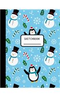 Sketchbook: A Christmas Themed Large Notebook with 120 Blank Pages, Cartoon Xmas and Winter Images Inside (Cute Blue Cover of Snowman & Penguins for Girls & Boy