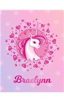 Braelynn: Unicorn Large Blank Primary Handwriting Learn to Write Practice Paper for Girls - Pink Purple Magical Horse Personalized Letter B Initial Custom Fir
