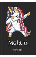 Malani - Notebook: Blank Lined Personalized & Customized Name Patriotic USA Flag Hair Dabbing Unicorn School Notebook / Journal for Girls & Women. Funny Unicorn Desk A