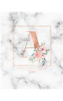 Weekly & Monthly Planner 2019: Rose Gold Monogram Letter a Marble with Pink Flowers (7.5 X 9.25") Vertical at a Glance Personalized Planner for Women Moms Girls and School