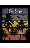 San Diego: California Notebook With Lined College Ruled Paper For Work, Home Or School. Stylish Retro Sunset Palm Tree Travel Journal Diary 8.5 x 11 Inch Soft 