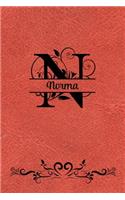 Split Letter Personalized Name Journal - Norma: Elegant Flourish Capital Letter on Orange Leather Look Background
