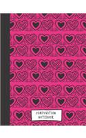 Composition Notebook: Blank Lined Notebook for School/Homework College Ruled Hot Pink with Black Heart Pattern