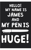 Hello! My Name Is JAMES And My Pen Is Huge!: Blank Name Personalized & Customized Dirty Penis Joke Pun Notebook Journal for Men, Dotted. Men Writing Accessories Item for Proud Male Persons With