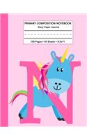 Primary Composition Notebook: Letter N Initial Unicorn Monogram Pink Purple Story Note Book w/ Writing, Drawing & Picture Space - Cute Draw and Write Journal with Dashed Midline 