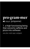 Programmer (noun [programer]) 1. a high functioning being that converts caffeine and pizza into software (see also