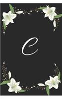 C: : Initial Notebook with the letter C, beautiful black soft matte cover with flower lily design in white - 120 pages lined paper