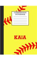 Kaia Composition Notebook: Softball Composition Notebook Wide Ruled Paper for Girls Teens Journal for School Supplies - 110 pages 7.44x9.269