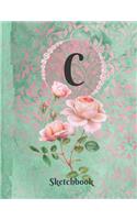 Basics Sketchbook for Drawing - Personalized Monogrammed Letter C: Framed White Pages Drawing Notebook of Green and Pink Damask Lace with Roses on Glossy Cover