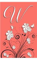 W: Letter W Dotted Matrix Notebook and Planner, Flowers and Butterflies on Coral, Personalized Bullet Dot Grid Journal Monogram Initial, 6 x 9