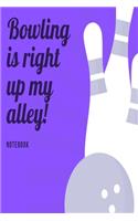 Bowling is right up my alley Notebook: Blue skittles bowling slogan lined paperback jotter