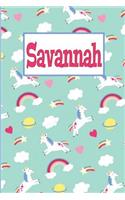 Savannah: Personalized Named Unicorn Journal Notebook Pretty Magical Rainbows & Hearts Cover for Women and Girls Lined Pages