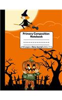 Primary Composition Notebook Story Journal: Halloween Gifts for Kids: Cool Orange Halloween Pumpkin Witch Primary Story Journal With Dashed Middle Line and Picture Space to Draw