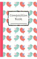 Composition Book: Cute Birdie Pattern Composition Book to write in - Wide Ruled Book - magical birds, pink striped background