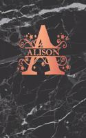 Alison: Personalized Journal Notebook for Women or Girls. Monogram Initial a with Name. Black Marble & Rose Gold Cover. 8.5 X 11 110 Pages Lined Journal Pap