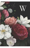 W: 110 Sketchbook Pages (6 x 9) - Beautiful Monogram Sketch Notebook with Vintage Roses and Peonies. Personalized Initial Letter - Monogramed Sketchboo