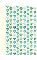 Composition Notebook: Green and Blue Hearts, 140 pages / 70 sheets, College Ruled Lined Pages Book (7.44 x 9.69), white interior pages