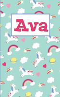 Ava: Personalized Named Unicorn Journal Notebook Pretty Magical Rainbows & Hearts Cover for Women and Girls Lined Pages