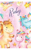 Ruby: Personalized Name Unicorn Design on Pink Star Dream Fantasy Pattern, Lined Paper Note Book For Girls To Draw, Sketch & Crayon or Color (Kids Teens A