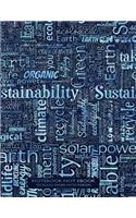 Notebook Not Ebook 120 ruled pages with margin: 8.5"x11" ruled notebook with sustainability word cloud on ocean blue cover, perfect bound, ideal for composition notebook or journal
