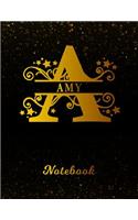 Amy College Ruled Notebook: Letter a Personalized First Name Personal Writing Notepad Journal Black Gold Glitter Pattern Effect Cover College Ruled Lined Paper for Journalists 