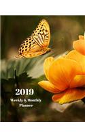 2019 Weekly and Monthly Planner: Butterfly and Orange Flower Daily Organizer -To Do -Calendar in Review/Monthly Calendar with U.S. Holidays