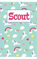 Scout: Personalized Named Unicorn Journal Notebook Pretty Magical Rainbows & Hearts Cover for Women and Girls Lined Pages