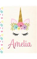 Amelia: Personalized Unicorn Primary Story Journal For Girls With Pink Name - Half Ruled Dotted Midline and Blank Picture Space - Kindergarten to Early Chil