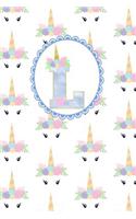 Unicorn Monogram Journal - Letter L: Blue Letter with a Unicorn Horn and Flowers Accent on a Unicorn Face Background
