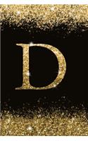 D: Personalized Initial Monogram Blank Lined Notebook Journal Printed Glitter Black and Gold, for Women and Girls 6x9 inch. Christmas gift, birthday gi