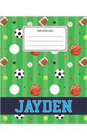 Composition Book Jayden: Sports Pattern Composition Book Name Jayden Personalized Lined Wide Rule Notebook for Boys Kids Back to School Preschool Kindergarten and Elementary