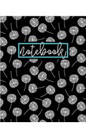 Notebook: Portable Format 7.5"x9.25" (19x23cm) Notebook Journal & Diary: Trendy Black White & Blue Dandelion Floral Pattern