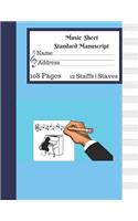 Music Sheet Standard Manuscript -108 Pages 12 Staffs - Staves: Gift For Music Lovers Cute Music Notebook Blue Cover Cat Playing Piano