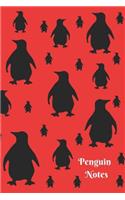 Penguin Notes: Cute Red and Black Penguin Pattern 6 X 9 Blank Lined Writing Notebook Journal, 110 Pages