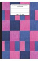 College Ruled Composition Notebook. 6" x 9". 120 Pages: Pink Blue Red Textile Rectangles Squares Cover. College ruled paper, medium ruled paper. For middle school to college. Composition notebook for teen