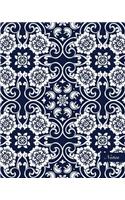 Notes: 8"x10" Unruled Blank Notebook Seamless Oriental China Porcelain Spiral Round Curve Cross Flower Frame Pattern Cover. Matte Softcover Note Book Journ