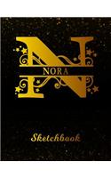 Nora Sketchbook: Letter N Personalized First Name Personal Drawing Sketch Book for Artists & Illustrators Black Gold Space Glittery Effect Cover Scrapbook Notepad & 