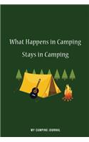 What Happens in Camping Stays in Camping: Blank Lined Camping Journals to write in (6"x9") 110 pages, Gifts for men, women and families who love Camping, Hiking and Outdoor Adventure